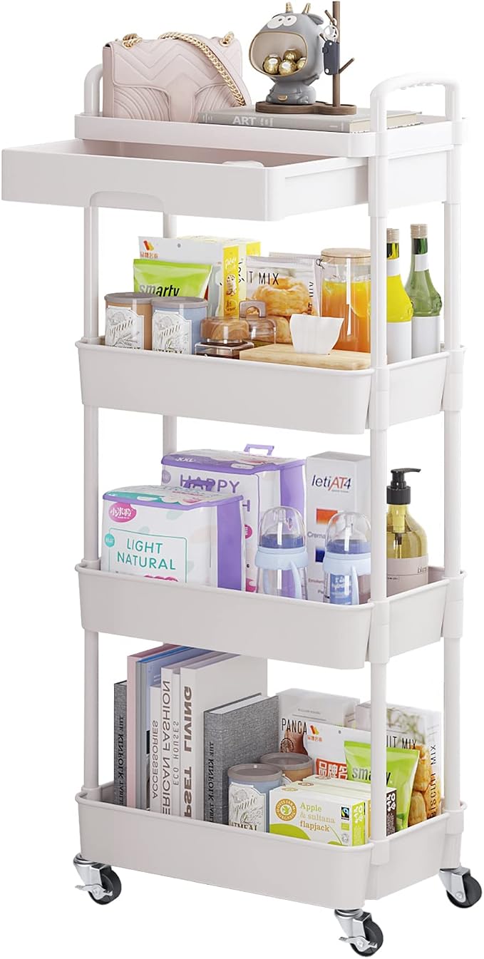 Calmootey 4-Tier Utility Cart with Drawer & Wheels, Storage for Home,Office | Space-Saving Organizer, Sturdy Plastic Shelves, Smooth-Rolling Metal Wheels, Built-in Drawer for Small Items, White by Calmootey