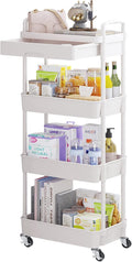 Calmootey 4-Tier Utility Cart with Drawer & Wheels, Storage for Home,Office | Space-Saving Organizer, Sturdy Plastic Shelves, Smooth-Rolling Metal Wheels, Built-in Drawer for Small Items, White by Calmootey