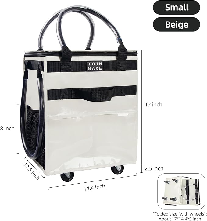 Reusable Grocery Bag on Wheels, Rolling Tote, 46 LBS, Small, Beige | Shopping bag on Wheels, 8 Pockets, Zipper Cover, Foldable, Heavy Duty Handles - Image 2