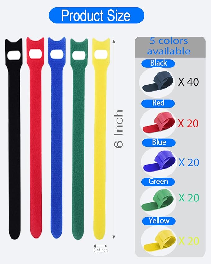 120 PCS 6 Inches Reusable Cable Ties, 5 Colors Adjustable Cord Organizer, Hook and Loop Wire Ties for Cable Management, Multi-Purpose Cord Wraps for Home, Office, and Desk - Image 6