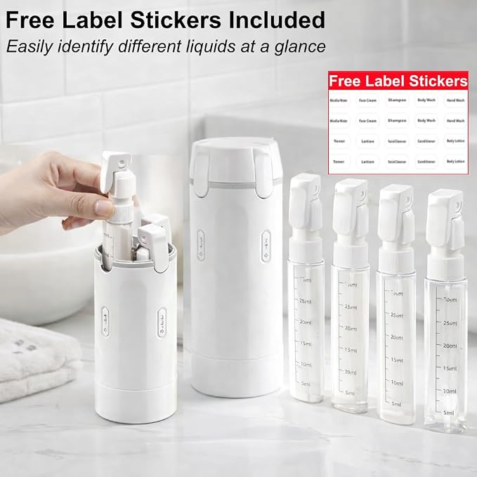 4-in-1 Travel Bottles for Toiletries, Travel Pump Bottle，Leak-Proof Shampoo Conditioner Lotion Dispenser with Pump, Compact No-Spill Toiletry Containers for Travel & Business Trips (White) - Image 4