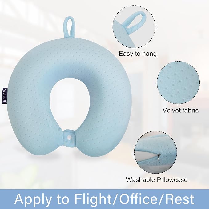 Travel Neck Pillow Memory Foam Pillow Support Pillow U Shape Compact & Lightweight Neck Pillow for Sleeping Travel for Plane, Car, Home, Office Camping Light Blue - Image 2