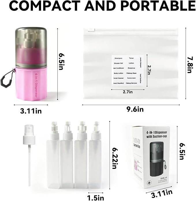 4 in 1 Travel Dispenser，Unbreakable Silicone Travel Dispenser Bottle, Vacuum Suction Wall Mounted Refillable Containers,Leakproof Toiletry Containers for Shampoo, Lotion, Baby Care-Pink. - Image 2