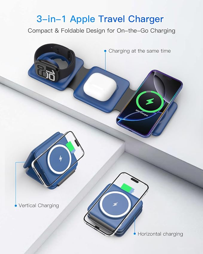 Iseyyox Charging Station for Apple Devices - 3 in 1 Magnetic Foldable Wireless Charger Dock - Travel Charging Pad for MagSafe iPhone 17 16 15 14 13 12 Pro Max Plus Watch & Airpods - Image 3
