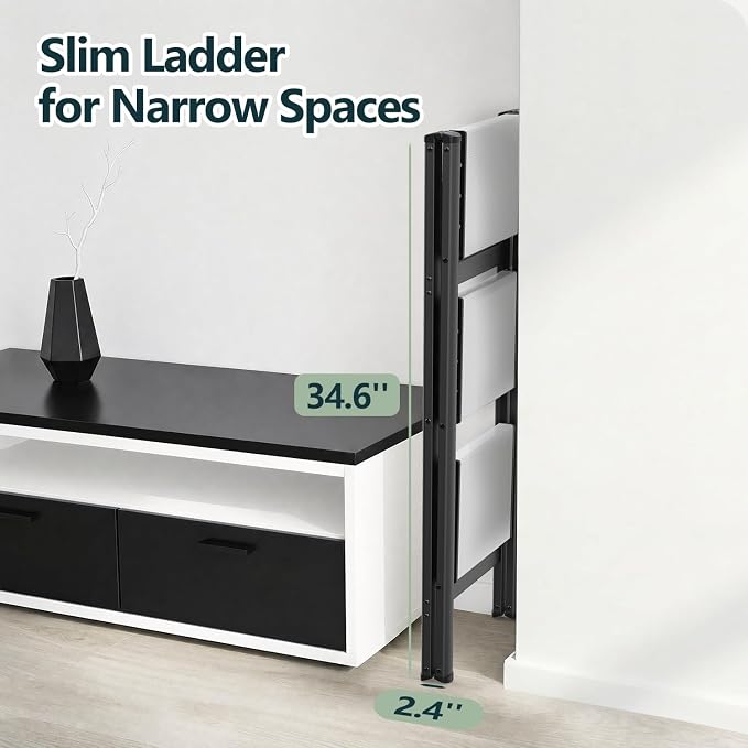 3 Step Ladder, Foldable Step Stool, 300lbs Load, Black & White | Folded 35''H x 3''T; Net 9.9 lbs; Rigid Aluminum Steps; No Assembly; For Home, Kitchen, Office, Pantry, Closets, Cabinets - Image 4