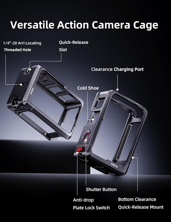 llano Action Camera Cage for DJI Osmo Action 5 Pro/Action 4 / Action 3 | CNC Aluminum Protective Frame, Compatible with DJI Mic & Magnetic Base, Cold Shoe + 1/4"-20 Mounts, Ultra-Light 57g - Image 2