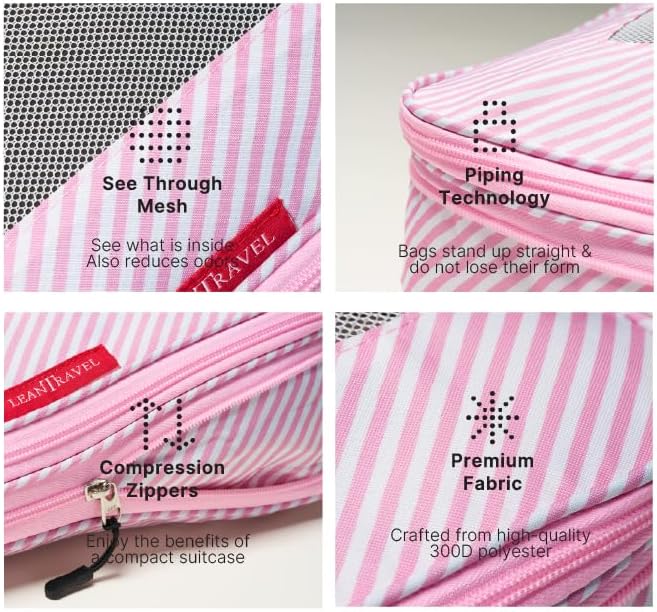 LeanTravel Premium Compression Packing Cubes for Travel - Suitcase Organizer Bags with Double Zipper & Breathable Mesh Panel - Space Saving Carry On Luggage Essentials (6-Pack, Pink Stripes) - Image 5
