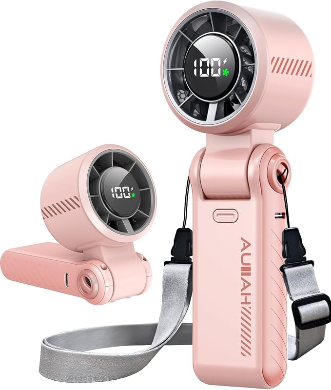 Portable Handheld Turbo Fan - 5 Speed Mini Personal Fan with Strong Airflow, Foldable 3 in 1 Rechargeable Battery Operated Trave Essentials Hand Fans for Indoor/Outdoor Use, Pink by AUIIAH