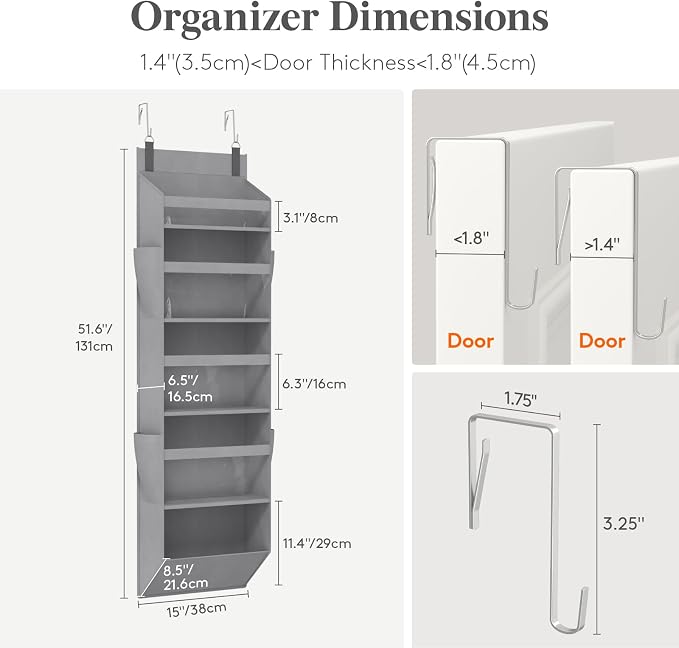 Lifewit 1 Pack Over the Door Organizer, Clear Window Hanging Storage with 4 Side Pockets, Anti Tilt 40 lbs Load Behind Door for Pantry, Nursery, Bathroom, Bedroom, Dorm, 5 Section, Gray - Image 2