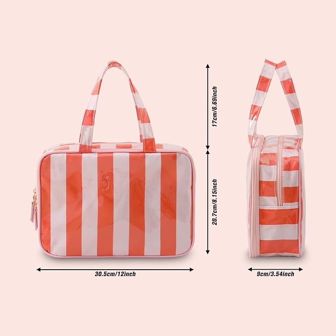 Toiletry Bag for Women, Pink and Orange Stripe | Clear Coated,Waterproof,Multiple Compartment,Open Flat,Handle,Travel Organizer for Shampoo,Conditioner,Cosmetic Accessories - Image 3