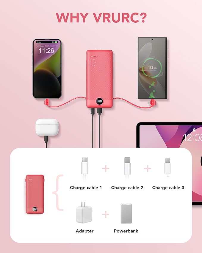 Portable Charger Built-in Cables and AC Wall Plug, VRURC USB C Power Bank 10000mAh, Travel Battery Portable Phone Charger Compact Lightweight External Battery Pack for SmartPhones,Tablets-Viva Magenta - Image 4
