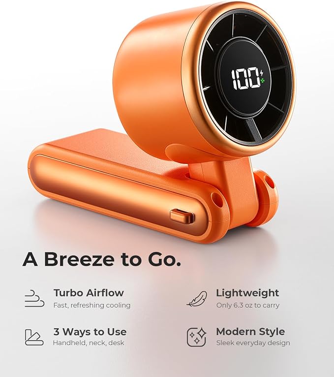 Portable Handheld Turbo Fan - 5 Gear High Speed 4000mAh Rechargeable Mini Personal Hand Fan Blow Cold Air, Battery Operated Travel Essentials, Gifts for Women, Men (Cosmic Orange) - Image 2