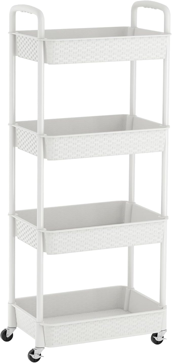 MOYIPIN 4-Tier Plastic Rolling Utility Cart with Handle,White | Utility Storage Cart for Office, Living Room, Kitchen,Movable Storage Organizer，Easy installation，Rattan-like art design - Image 7