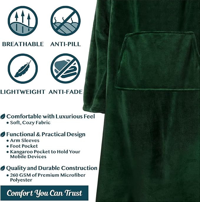 PAVILIA Fleece Blanket with Sleeves, Foot Pockets for Women Men Adults, Plush Wearable Blanket Throw Wrap, Warm Snuggle Blanket Robe, Cozy Gift Ideas Wife Mom, Dark Green - Image 4
