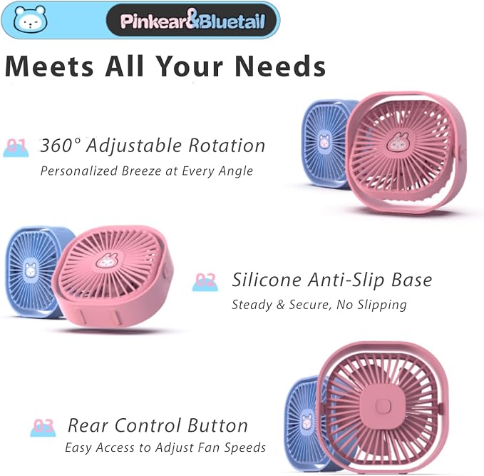 Small Desk Fan, 3 Speed Settings, USB Table Fans for Bedroon, Home/Office/Dorm, Quiet, Cute Mini Fan for Kids, Indoor/Outdoor, F101 (Pink Bunny) - Image 6