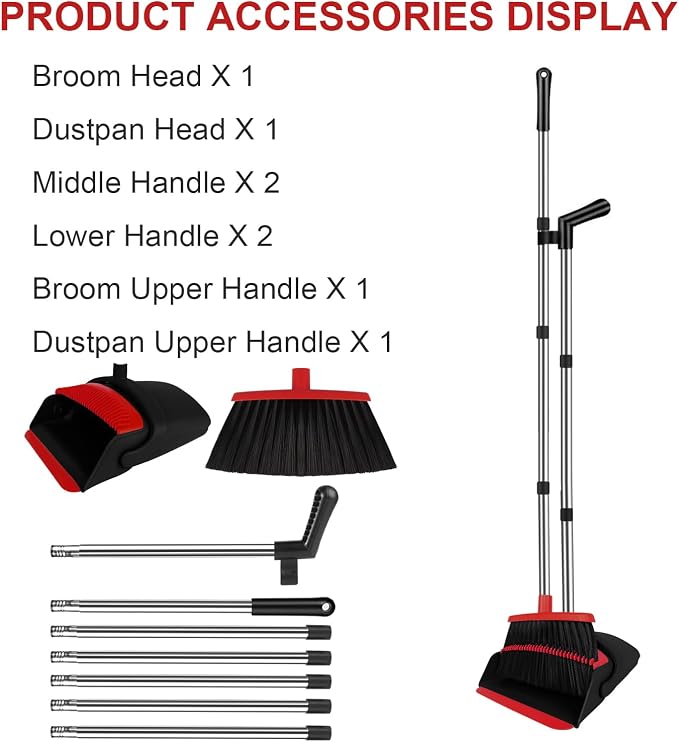 Red Broom and Dustpan Combo Set, 51" Long Handle Broom | Built-in Comb Dustpan for Pet Hair Removal, Foldable Upright Storage Design - Image 6