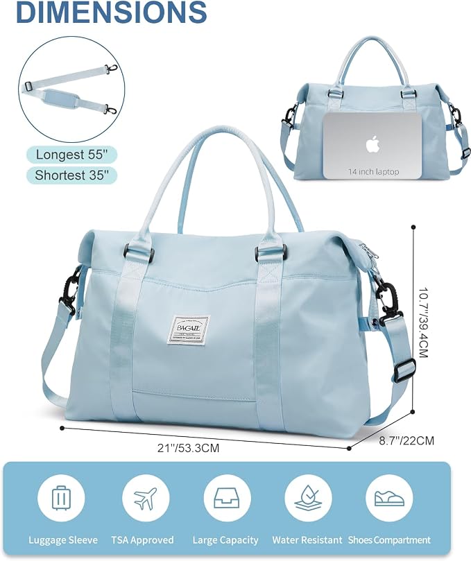 BAGAIL Travel Duffel Bag, Weekender Bags for Women, Overnight Gym Carry On Tote Bag with Wet Pocket, Hospital Mom Bag for Labor and Delivery - Light Blue - Image 6