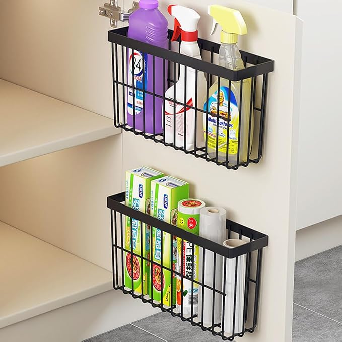 2 Piece Kitchen Cabinet Door Storage Box,Self Adhesive Wall Mounted Storage Boxes,Wardrobe/Bathroom/Refrigerator Small Items Organizer Storage Box (Black) - Image 2