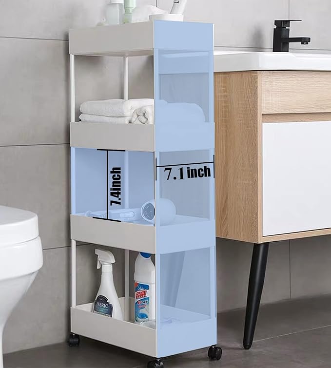 4 Tier Slim Rolling Utility Kitchen Cart Bathroom Organizer for Narrow Places Multipurpose Storage Shelve Mobile Trolley for Bedroom Laundry Office Restaurant Garage Pantry (White) - Image 6