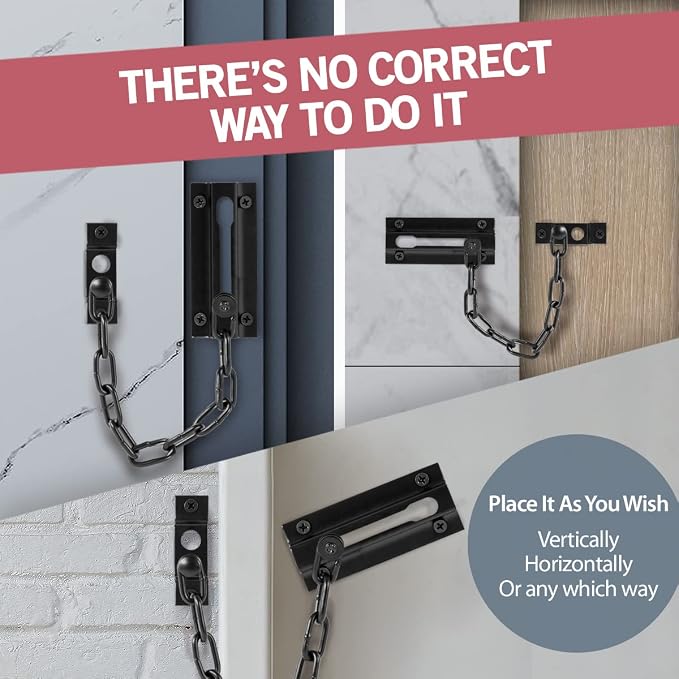 Jack N'Drill 2 Pack Door Chain Lock, Exclusive Chain Door Lock with Extended Chain Length, 100% Child Proof Safety, Heavy Duty Chain Locks for Inside Door and Extra Front Door Lock (Black) - Image 5