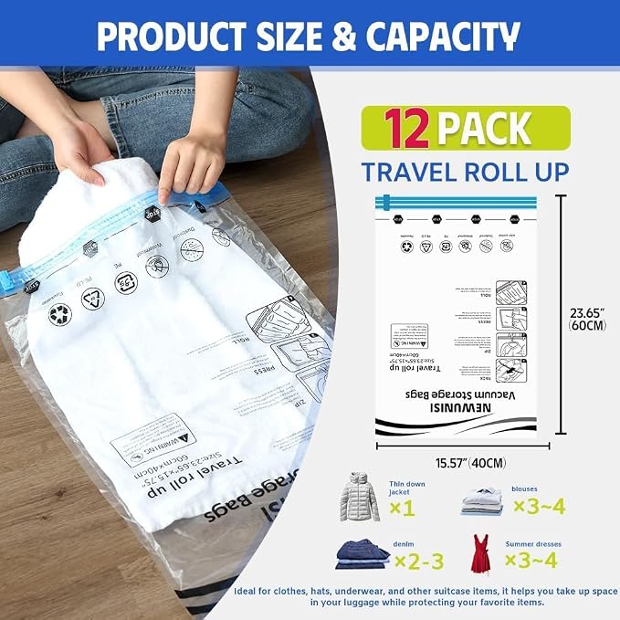 12-Piece Travel Vacuum Storage Bags—Roll-Up Compression Bags to Save Space in Luggage, for Camping, and for Storing Clothing—No Pumping Required, 23.65” X 15.75” - Image 3