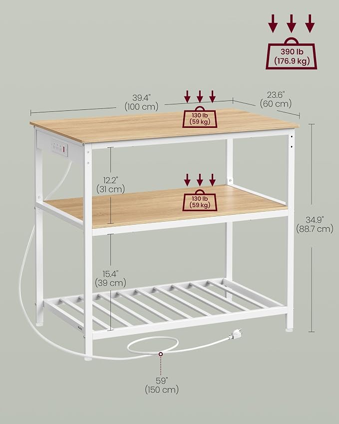 VASAGLE Kitchen Island with 3 Shelves, Kitchen Shelf with Power Strip, 23.6 x 39.4 x 34.9 Inches, Large Worktop, Steel Structure, Industrial, Easy to Assemble, Oak Color and White UKKI105Y01 - Image 3
