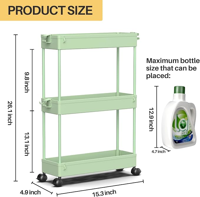 SPACEKEEPER Slim Rolling Storage Cart, 3 Tier Bathroom Cart Organizer,Green | Narrow Rolling Cart with Wheels for Kitchen Office Bathroom Laundry Room,Mobile Utility Cart for Craft Art Makeup Nail Polish - Image 7