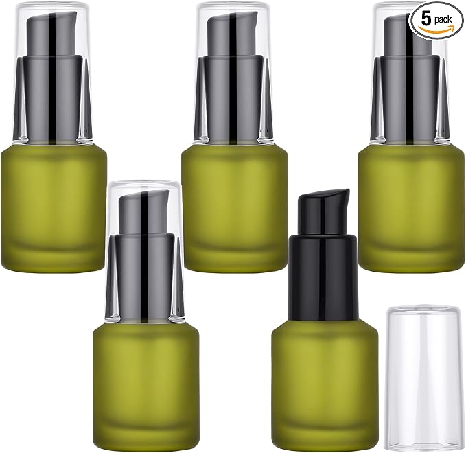 Segbeauty 0.5oz Frosted Glass Travel Size Containers for Lotions, 5pcs Mini Empty Lotion Bottles Pump Dispenser Refillable, 15ml Green Travel Containers for Creams, Small Hair Oil Pump Bottle Liquids by Segbeauty