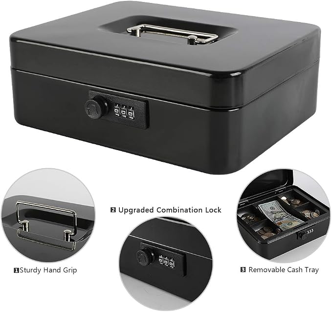 xydled Steel Cash Box Safe with Combination Lock,Money Safe Box with Removable Coin Tray,Large,9.84"x 7.87"x 3.54",Black - Image 6