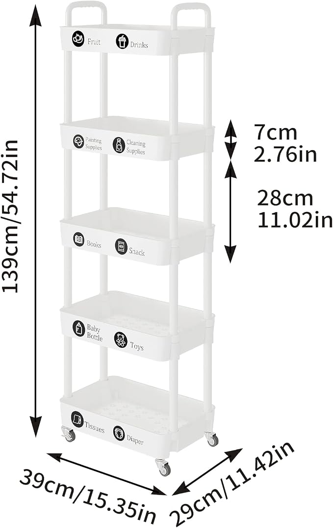 Laiensia 5-Tier Rolling Cart with Wheels,Multifunction Utility Storage Carts, Kitchen Storage Organizer,Mobile Shelving Unit for Bathroom,Laundry,with Classified Stickers,White - Image 6