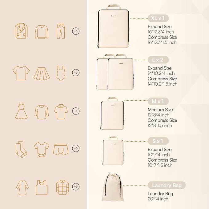 6 Set Compression Packing Cubes for Travel. | Durable Clothes Organizer for Suitcases. Expandable and Lightweight Packing Cubes Compression with Laundry bag, Beige - Image 4