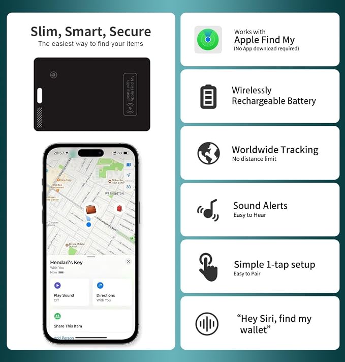 Wallet Tracker Card – Apple MFi Certified, Works with Apple Find My (iOS Only), Rechargeable Slim Tracking Card & Finder, 6-Month Battery, Item Locator for Wallet, Purse, Luggage, Passport - Image 8