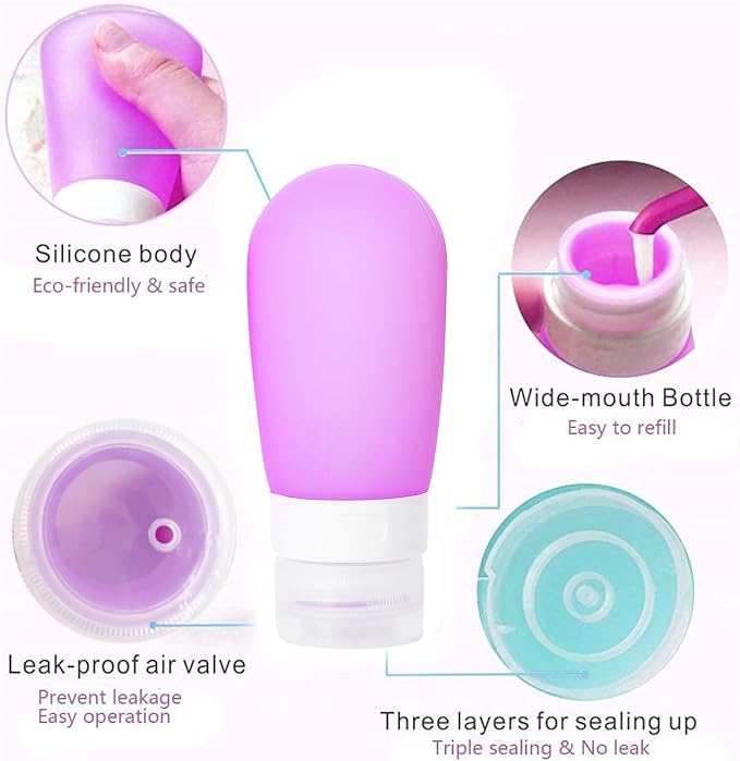 Travel Bottles for Toiletries, 2.7oz Silicone Travel Size Containers, 3 Pack TSA Approved Leak-Proof Reusable Squeezable Refillable Shampoo and Conditioner Bottles (Pink, Purple, Green) - Image 2