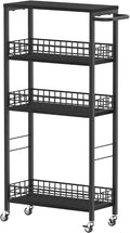 NOVIMANGO Slim Rolling Storage Cart, for Bathroom Small Spaces, Black | 4 Tier Slim Storage Cart, Rolling Kitchen Cart with Handle, Wood Rolling Storage Cart for Kitchen, with Wood Tabletop by NORCEESAN