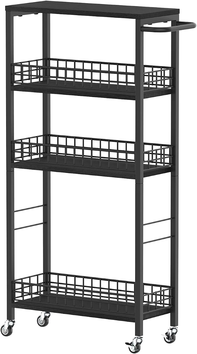 NOVIMANGO Slim Rolling Storage Cart, for Bathroom Small Spaces, Black | 4 Tier Slim Storage Cart, Rolling Kitchen Cart with Handle, Wood Rolling Storage Cart for Kitchen, with Wood Tabletop by NORCEESAN