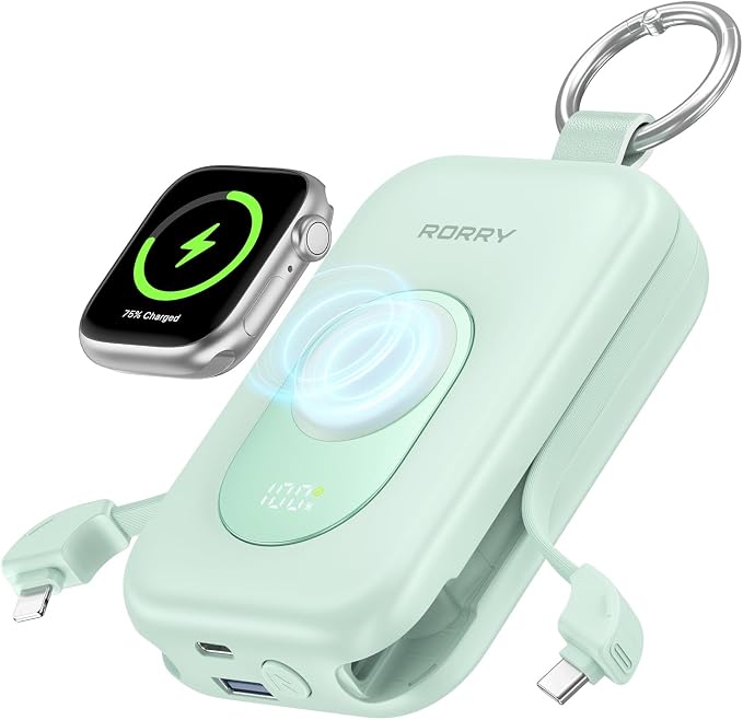 RORRY CharmGo Portable Charger, 20000mAh PD 30W Portable Charger Power Bank | Built-in Cables, Fast Charging Keychain Portable Battery Pack, Travel Essentials for iPhone, Apple Watch, iPad by RORRY