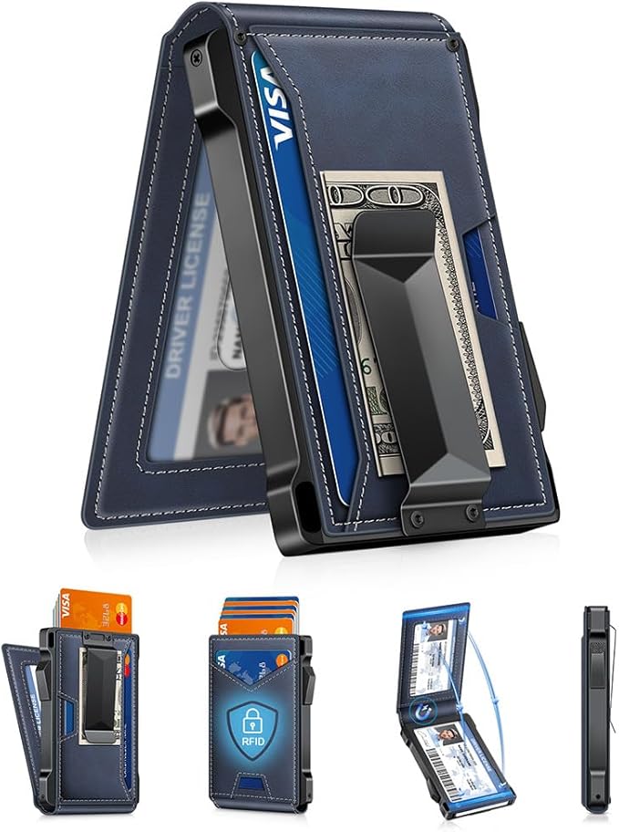 Wallet for Men RFID Wallet with 2 ID Windows & Money Clip, Slim Pop Up Card Holder for 10-12 Cards, Bifold Minimalist Smart Wallet for Front Pocket, Compact Metal Credit Card Holder, Gifts for Men by Unknown