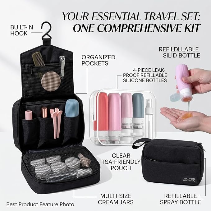 Portable Travel Toiletry Bag with Multiple Compartments | Leak Proof Bottle Set & Waterproof Hanging Organizer for Men & Women | Large Capacity for Makeup, Beach, Bathroom Essentials & Personal Items - Image 6