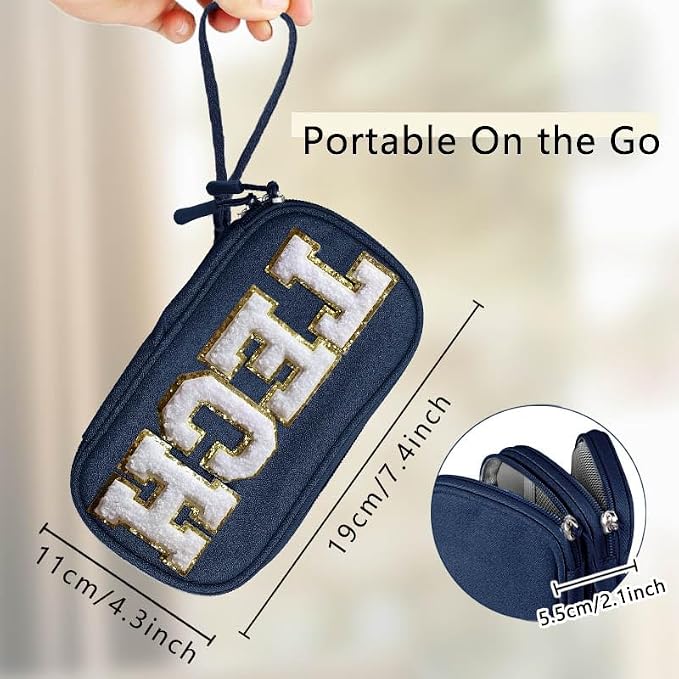 COSHAYSOO Small Electronics Organizer Bag with Chenille Letter Patch for Women Travel Gift, Cord Charger Cable Traveling Accessory Pouch Essential Supply Storage Case (Navy Blue) - Image 2