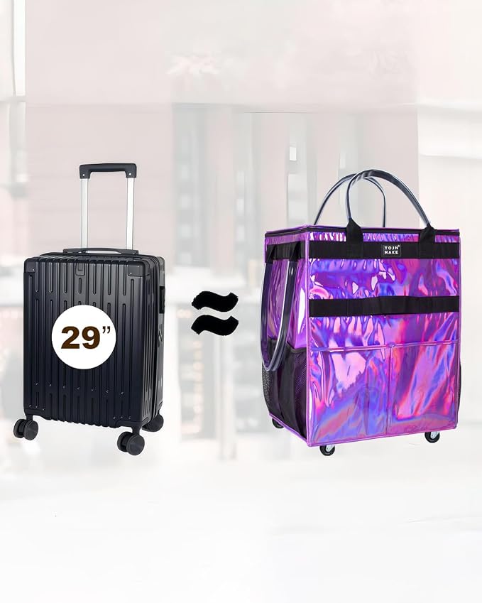 Reusable Grocery Bag with Wheels, Large Glitter Purple Rolling Tote - Image 5