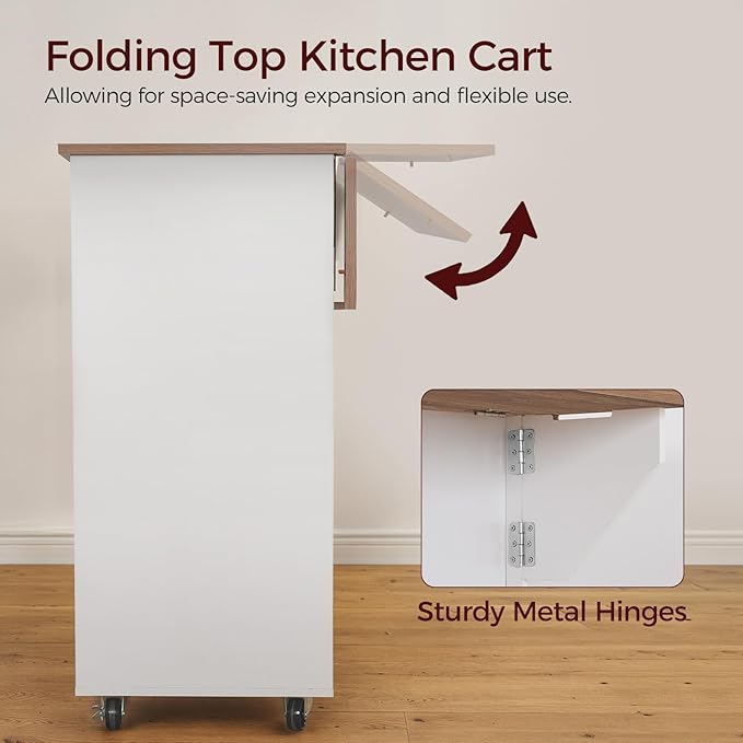 MAHANCRIS Kitchen Island on Wheels with Drop Leaf, Folding Countertop Kitchen Island Cart, Kitchen Island Table with Towel Rack, Drawer, for Kitchen, Dining Room, White and Walnut KIBZ12501 - Image 4