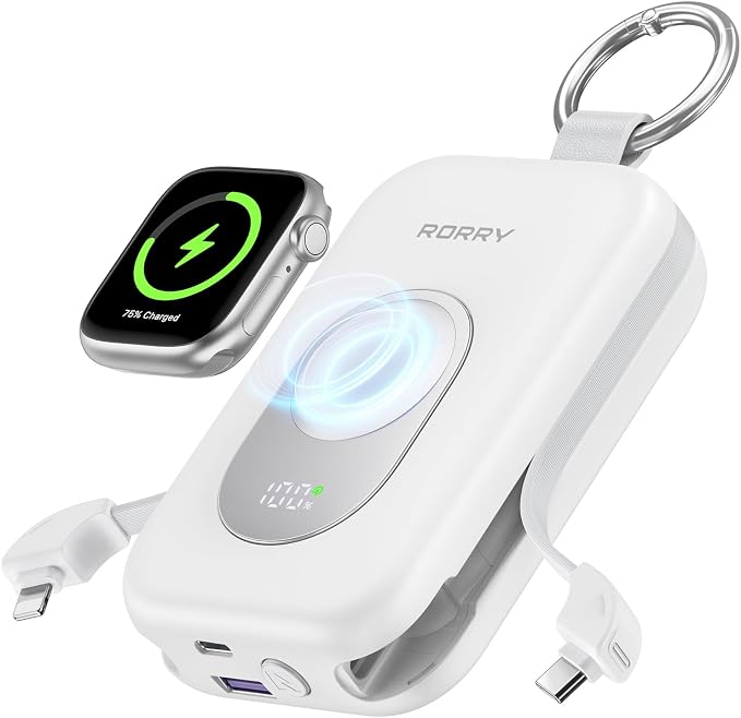 RORRY CharmGo Portable Charger, 20000mAh PD 30W Portable Charger Power Bank | Built-in Cables, Fast Charging Keychain Portable Battery Pack, Travel Essentials for iPhone, Apple Watch, iPad by RORRY