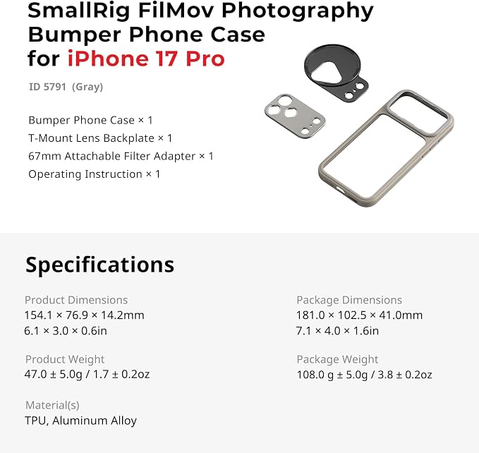 SMALLRIG FilMov Bumper Phone Case for iPhone 17 Pro Max, Hollow Back Design with Lens Backplate, 67mm Filter Adapter Compatible with Phone Gimbal Stabilizers, for DJI for Insta360, Gray- 5794 - Image 9