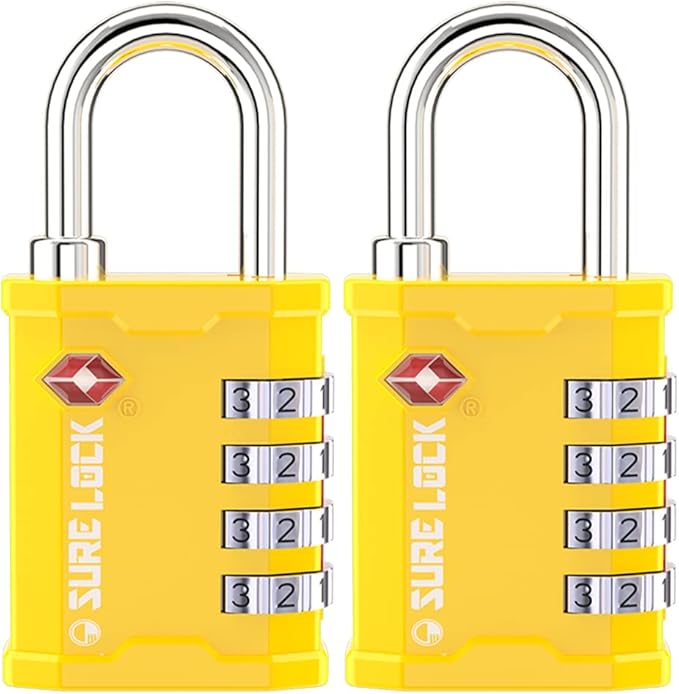 SURE LOCK TSA Accepted 4 Dig Heavy Duty Big Combination Luggage Padlock All Metal Travel Lock for Equipment Hard Case Luggage Gun Case Gym Locker Pelican Vault Lock (2, Yellow) by Hopeyoucanstaysafe