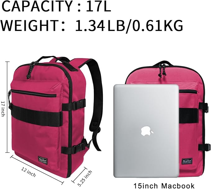 Travel Backpack 17L Lightweight Casual Small Carry-on Daypack 15-inch Laptop Notebook, Underseat Overnight Weekender, Rasberry - Image 2