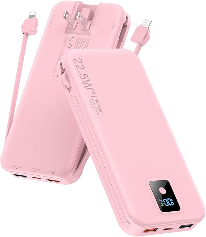 Portable Charger 12000mAh 22.5W w/Built-in Cable & Wall Plug Pink | 22.5W fast charging, LED display, Charging 5 devices at once, Pass through charging, TSA approved, Compatible with iPhone by Rngsnoy