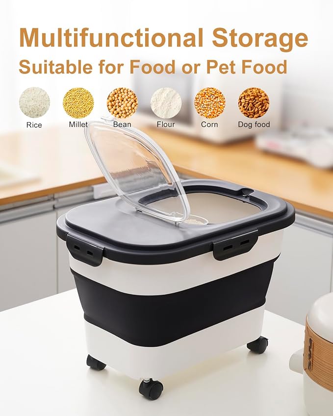 20-30 Lbs Rice Storage Container,Collapsible Food Storage Container | Flour Storage Container with Wheels Airtight Locking Lid,Rice Container Double Seal,Keep Fresh for Pet Food,Rice,Flour - Image 7
