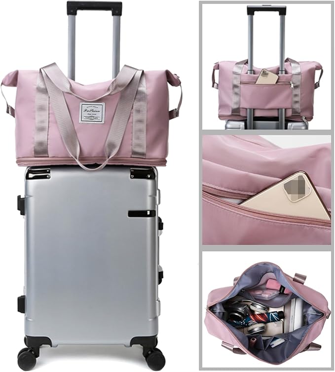 Large Capacity Travel Bag, Foldable Travel Bag, Expandable Duffel Bag, Collapsible Waterproof Large Capacity Handbag, Overnight Bags for Women and Man (Pink+Toiletry Bag) - Image 5