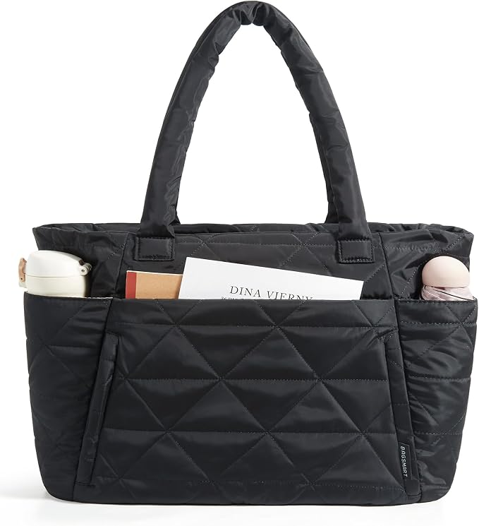 BAGSMART Tote Bag for Women, Puffer Tote Bag with Zipper, Large Quilted Shoulder Bag with Compartments for Travel, Work, Gym by BAGSMART