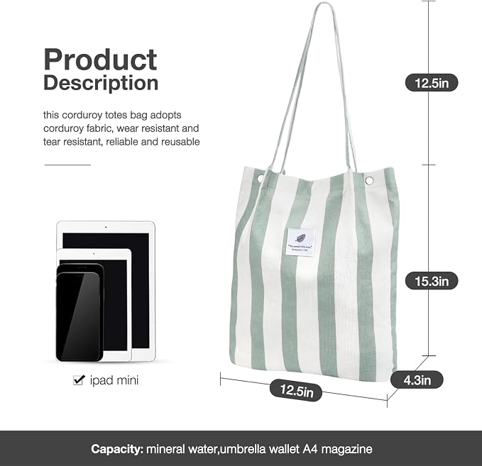 LHMTQVK Corduroy Tote Bags for Women, Large Capacity Tote Purse Reusable Grocery Shoulder Bag with Inner Pockets - Image 3